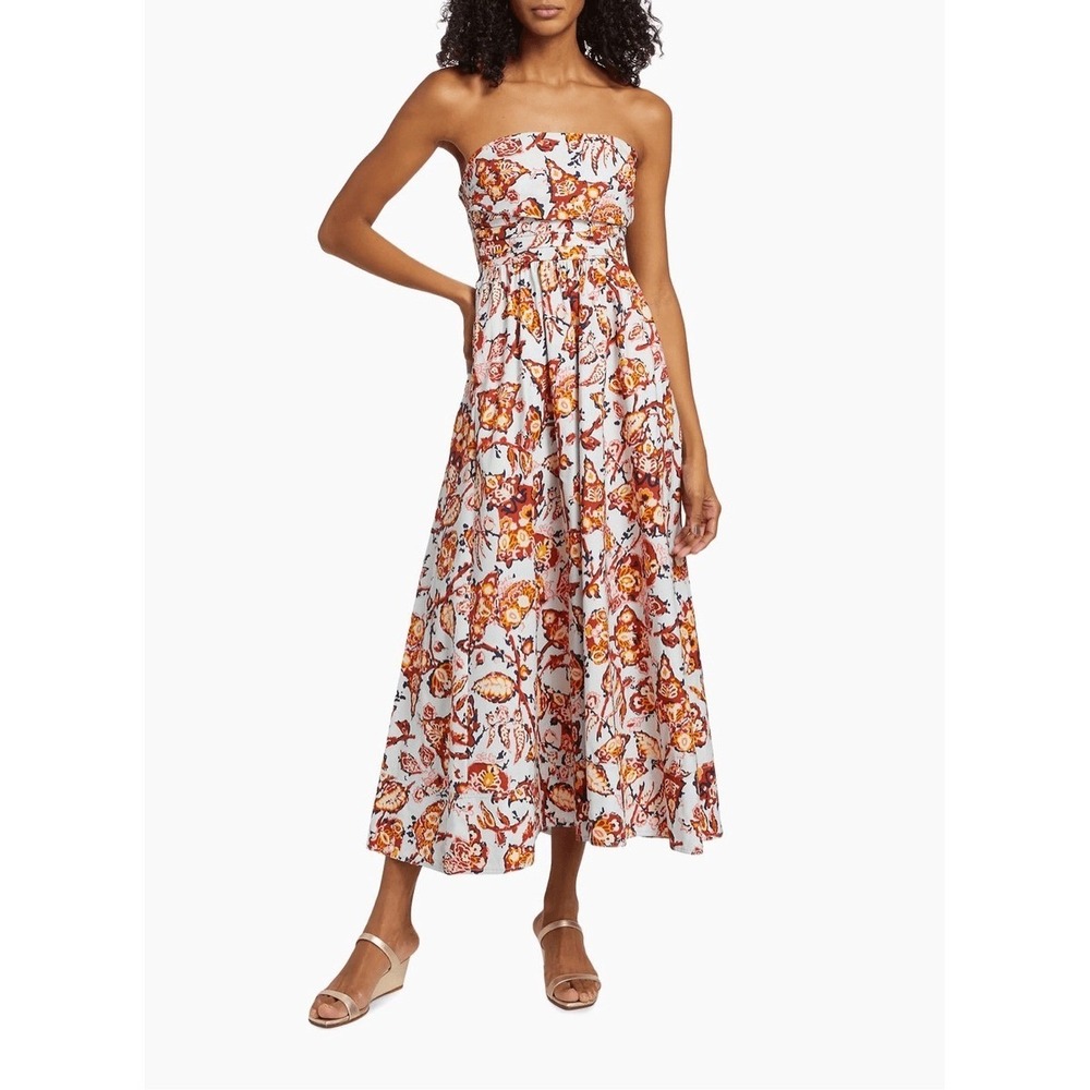 A.L.C. Tate Strapless Midi Dress Floral Cotton Ruched Smocked Back Size 8